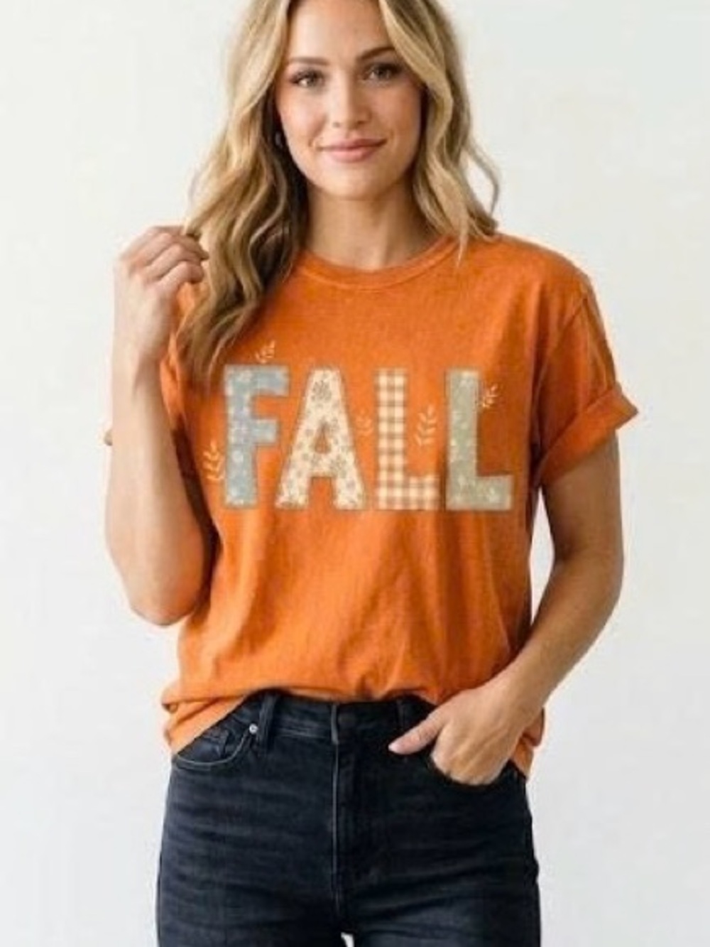 Cozy Fall Patchwork Letters Graphic Tee Floral Plaid Autumn Rust Orange T-Shirt